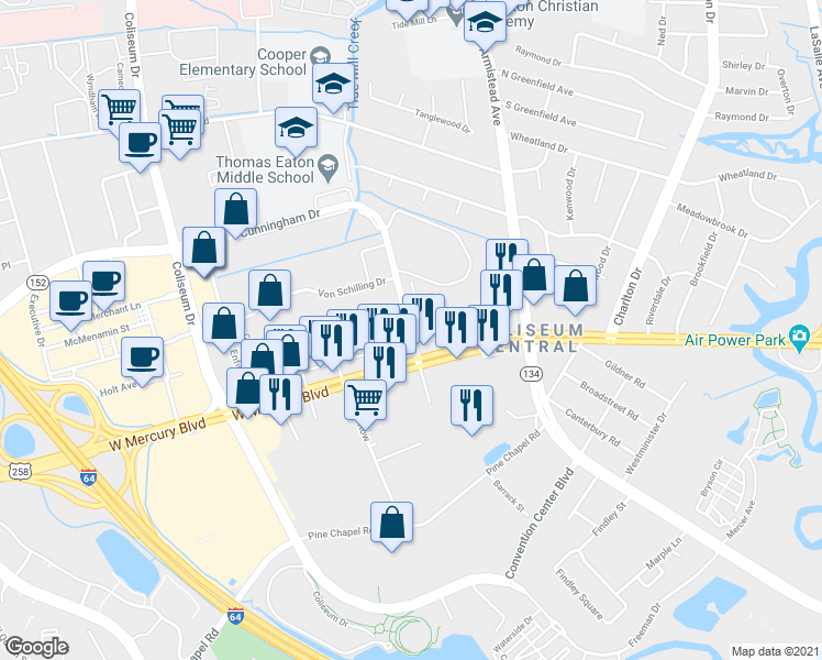 map of restaurants, bars, coffee shops, grocery stores, and more near 2022 Cunningham Drive in Hampton