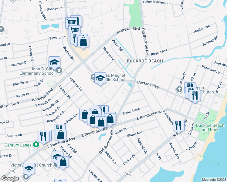 map of restaurants, bars, coffee shops, grocery stores, and more near 1802 Mehrens Court in Hampton