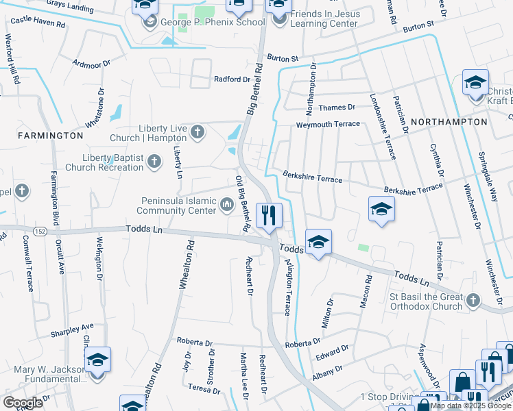 map of restaurants, bars, coffee shops, grocery stores, and more near 920 Old Big Bethel Road in Hampton