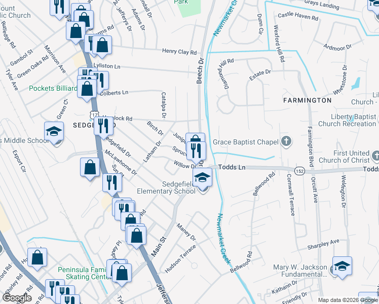 map of restaurants, bars, coffee shops, grocery stores, and more near 722 Spruce Road in Newport News