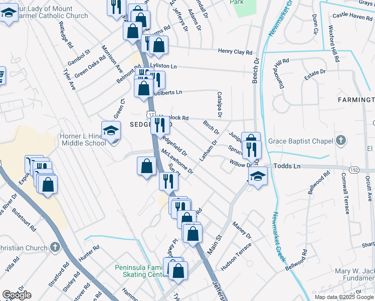 map of restaurants, bars, coffee shops, grocery stores, and more near 631 Sedgefield Drive in Newport News