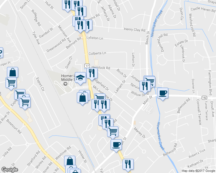 map of restaurants, bars, coffee shops, grocery stores, and more near 631 Sedgefield Drive in Newport News