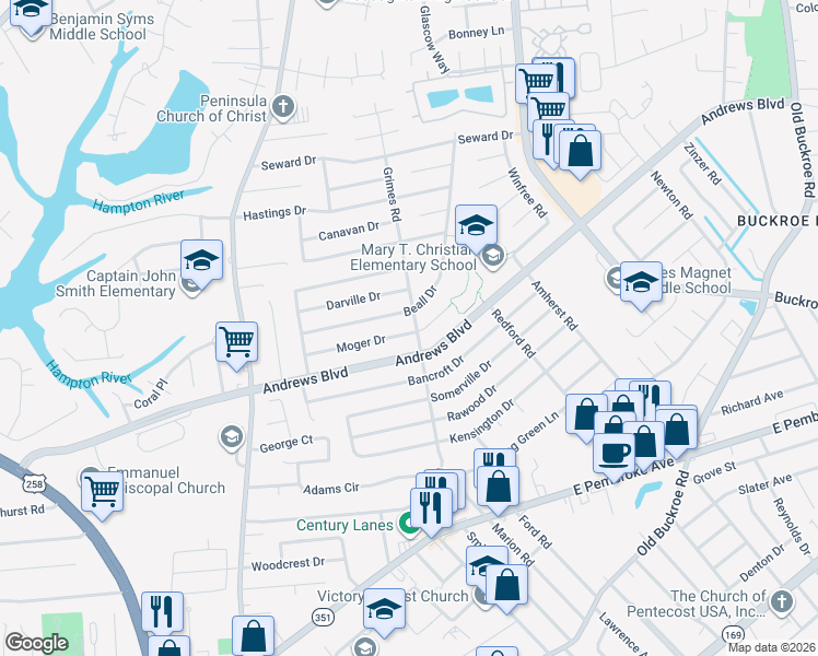 map of restaurants, bars, coffee shops, grocery stores, and more near 1840 Moger Drive in Hampton