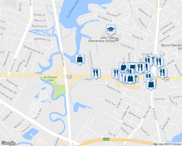 map of restaurants, bars, coffee shops, grocery stores, and more near 202 West Mercury Boulevard in Hampton