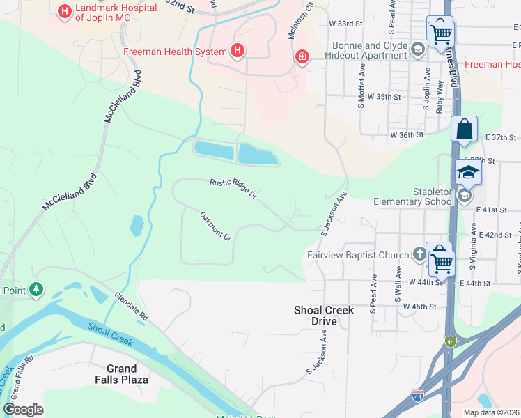 map of restaurants, bars, coffee shops, grocery stores, and more near 4102-4162 Woodcrest Drive in Joplin