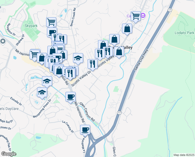 map of restaurants, bars, coffee shops, grocery stores, and more near 188 Oak Creek Boulevard in Scotts Valley