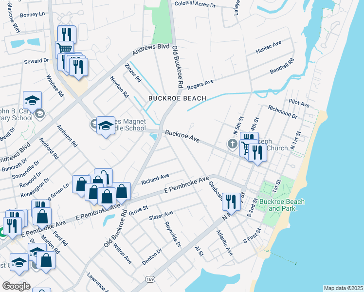 map of restaurants, bars, coffee shops, grocery stores, and more near 485 Seaboard Avenue in Hampton