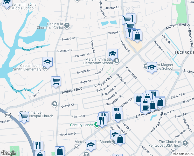 map of restaurants, bars, coffee shops, grocery stores, and more near 1840 Moger Drive in Hampton