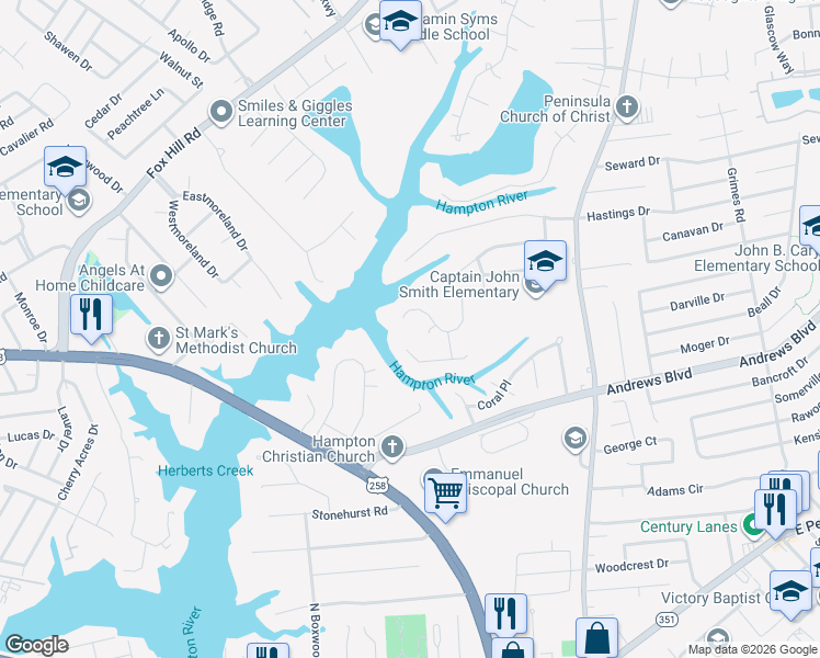 map of restaurants, bars, coffee shops, grocery stores, and more near 301 Riverside Drive in Hampton