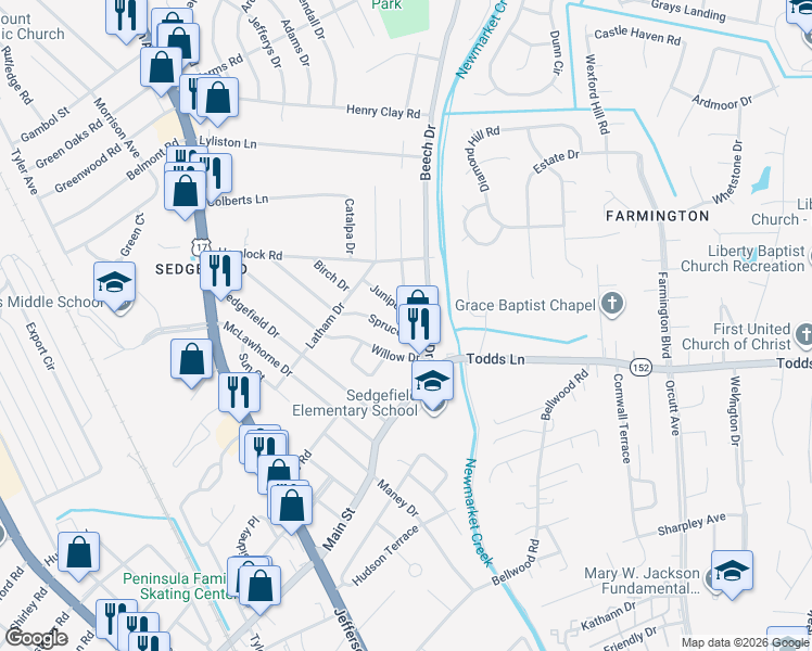 map of restaurants, bars, coffee shops, grocery stores, and more near 722 Spruce Road in Newport News