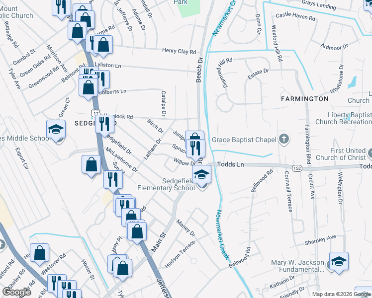 map of restaurants, bars, coffee shops, grocery stores, and more near 722 Spruce Road in Newport News