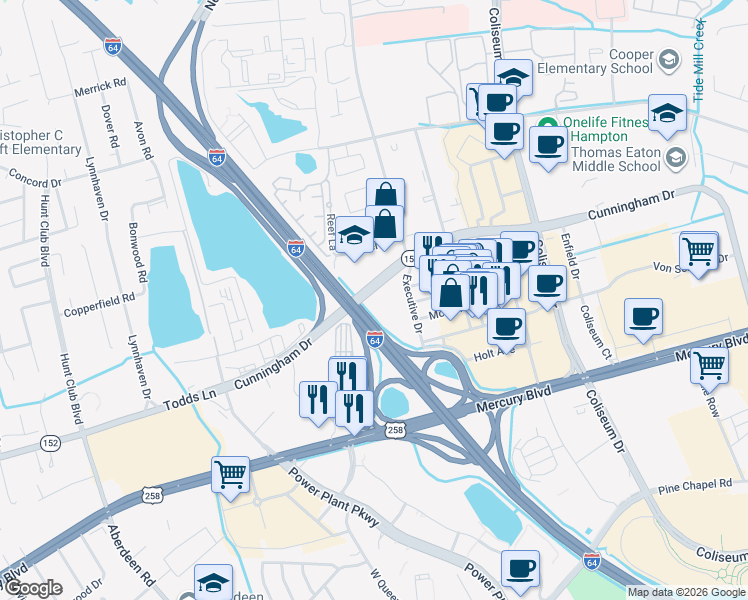 map of restaurants, bars, coffee shops, grocery stores, and more near 2053 Executive Drive in Hampton