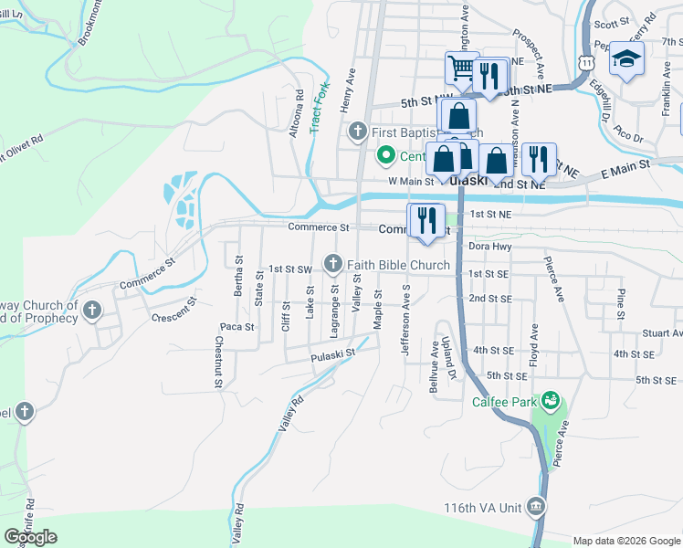 map of restaurants, bars, coffee shops, grocery stores, and more near 111-127 Lagrange Street in Pulaski