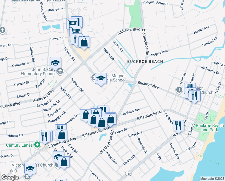 map of restaurants, bars, coffee shops, grocery stores, and more near 1804 Mehrens Court in Hampton