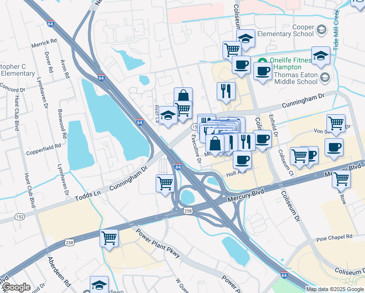 map of restaurants, bars, coffee shops, grocery stores, and more near 2053 Executive Drive in Hampton