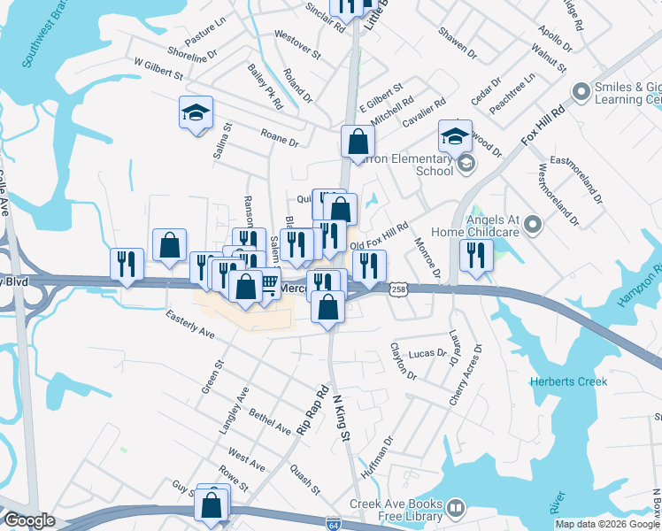 map of restaurants, bars, coffee shops, grocery stores, and more near W Mercury Blvd & N King St in Hampton