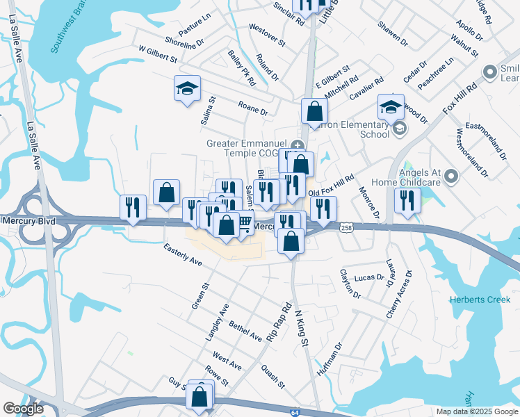 map of restaurants, bars, coffee shops, grocery stores, and more near 28 Doolittle Road in Hampton