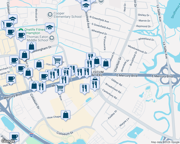 map of restaurants, bars, coffee shops, grocery stores, and more near 1002 West Mercury Boulevard in Hampton