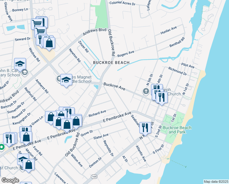 map of restaurants, bars, coffee shops, grocery stores, and more near 485 Seaboard Avenue in Hampton