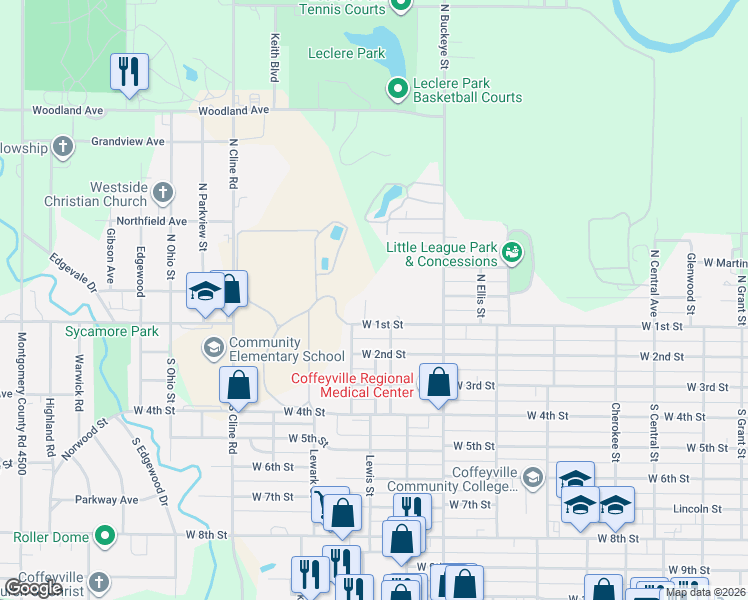 map of restaurants, bars, coffee shops, grocery stores, and more near 1506 West 1st Street in Coffeyville