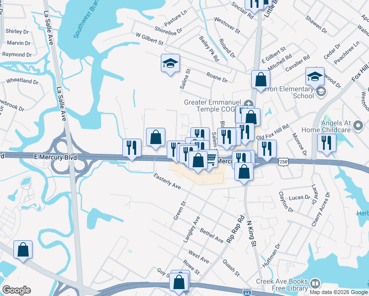 map of restaurants, bars, coffee shops, grocery stores, and more near Doolittle Road in Hampton