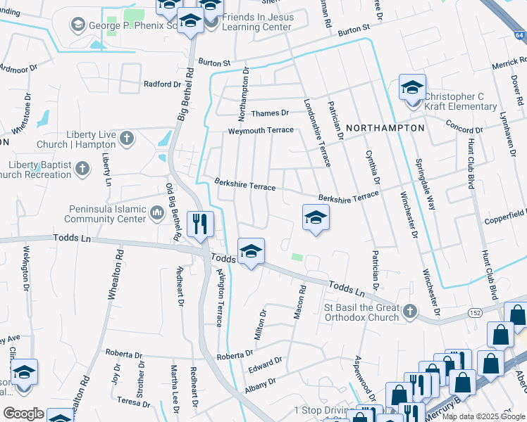 map of restaurants, bars, coffee shops, grocery stores, and more near 25 Yorkshire Terrace in Hampton