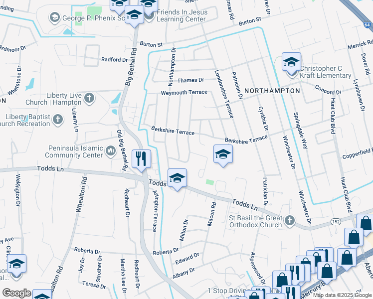 map of restaurants, bars, coffee shops, grocery stores, and more near 25 Yorkshire Terrace in Hampton