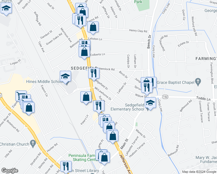 map of restaurants, bars, coffee shops, grocery stores, and more near 629 Sedgefield Drive in Newport News