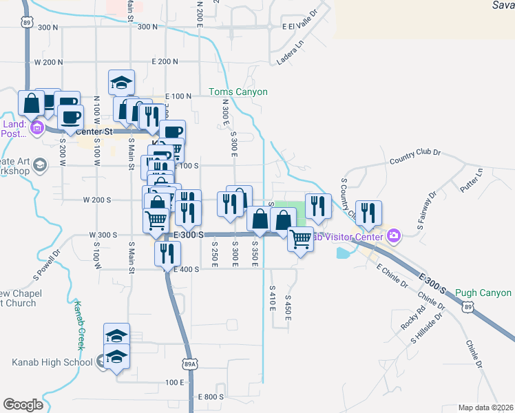 map of restaurants, bars, coffee shops, grocery stores, and more near 360 East 200 South in Kanab
