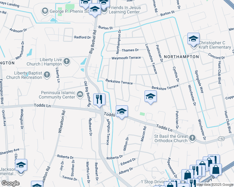 map of restaurants, bars, coffee shops, grocery stores, and more near 26 Northampton Drive in Hampton