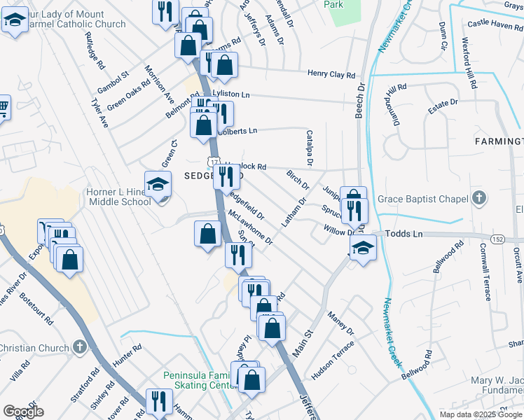 map of restaurants, bars, coffee shops, grocery stores, and more near 629 Sedgefield Drive in Newport News