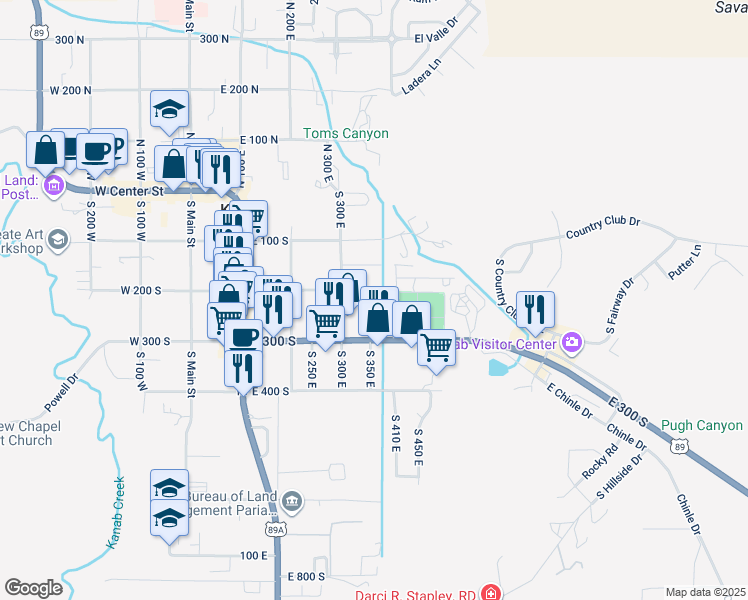 map of restaurants, bars, coffee shops, grocery stores, and more near 380 East 200 South in Kanab