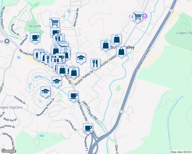 map of restaurants, bars, coffee shops, grocery stores, and more near 30 Angela Court in Scotts Valley