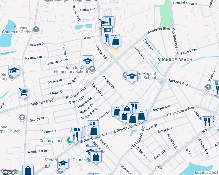map of restaurants, bars, coffee shops, grocery stores, and more near 2013 Rawood Drive in Hampton