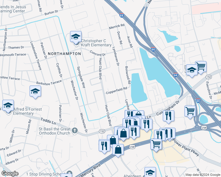 map of restaurants, bars, coffee shops, grocery stores, and more near 15 Keeton Court in Hampton