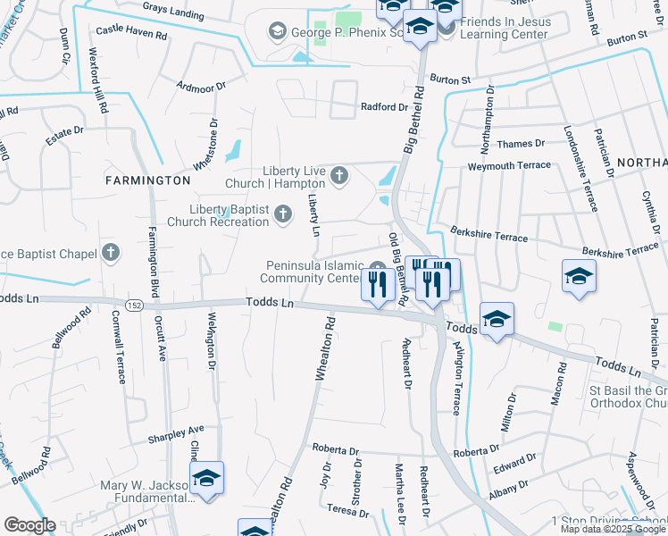 map of restaurants, bars, coffee shops, grocery stores, and more near 1028 Topping Ln in Hampton