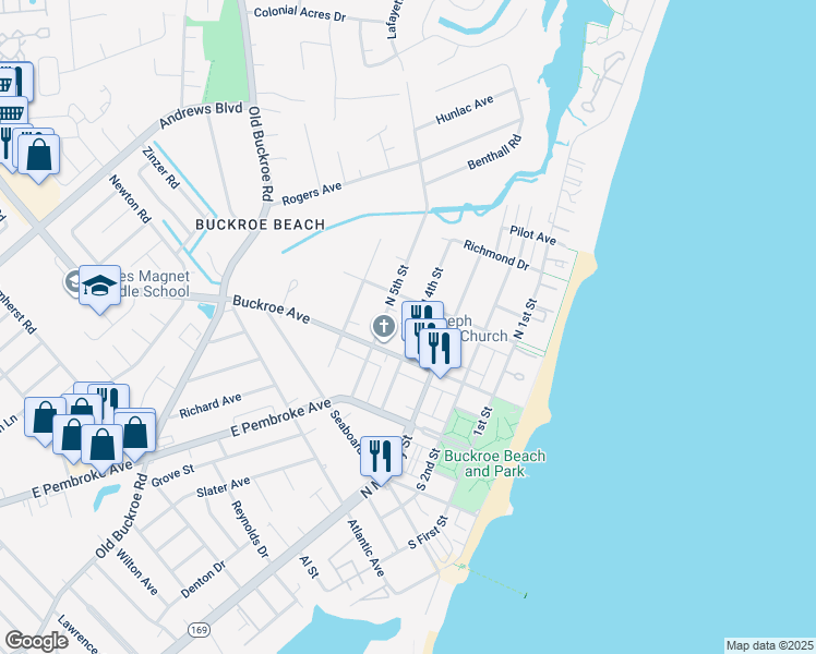 map of restaurants, bars, coffee shops, grocery stores, and more near 127 North 4th Street in Hampton
