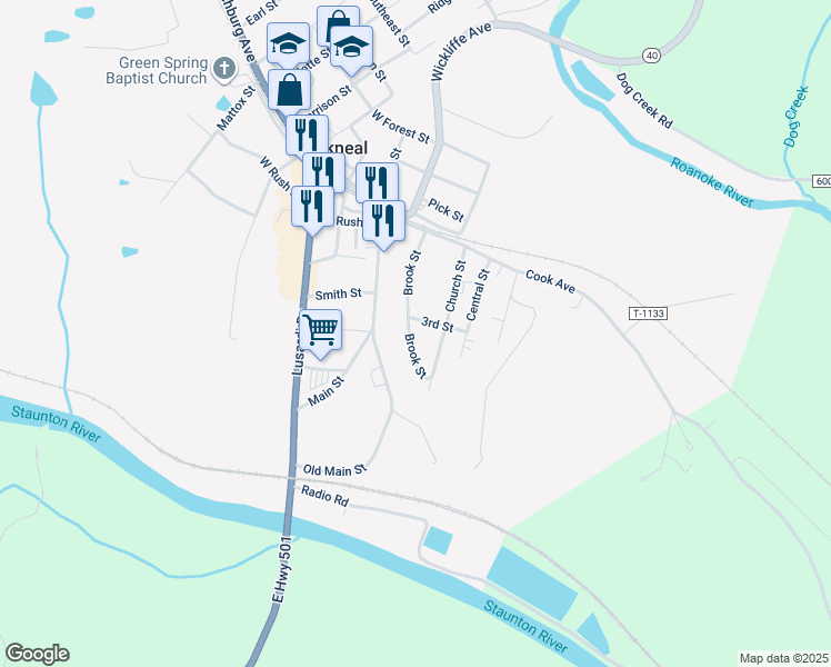 map of restaurants, bars, coffee shops, grocery stores, and more near 213 Brook Street in Brookneal