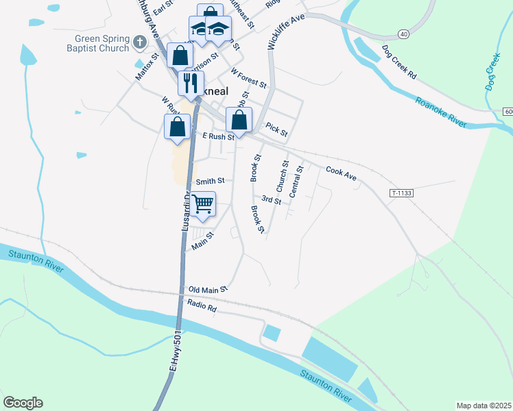 map of restaurants, bars, coffee shops, grocery stores, and more near 213 Brook Street in Brookneal