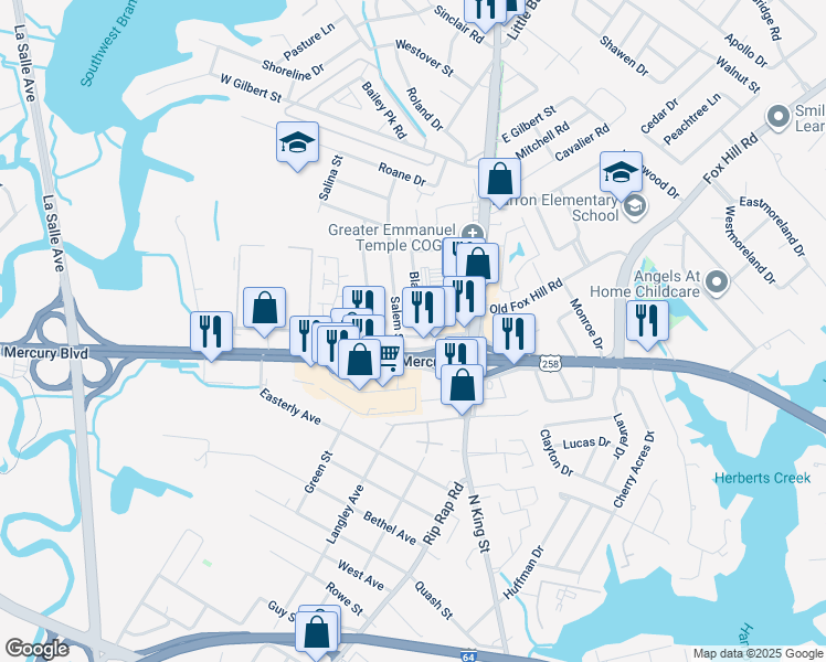 map of restaurants, bars, coffee shops, grocery stores, and more near 28 Doolittle Road in Hampton