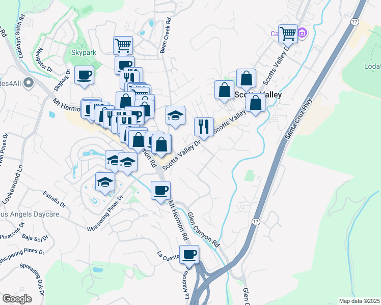 map of restaurants, bars, coffee shops, grocery stores, and more near 4104 Scotts Valley Drive in Scotts Valley