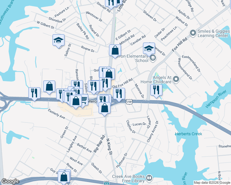 map of restaurants, bars, coffee shops, grocery stores, and more near 2 Autozone Way in Hampton