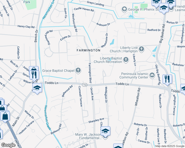 map of restaurants, bars, coffee shops, grocery stores, and more near 1 Collinwood Circle in Hampton