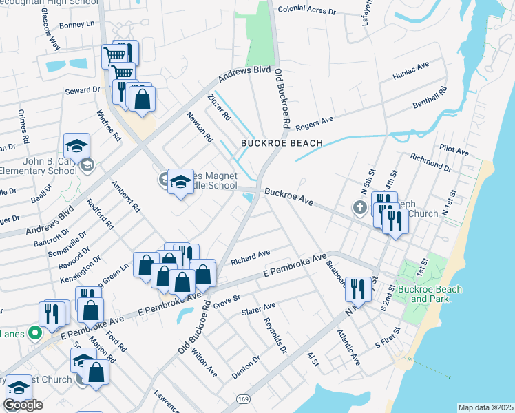 map of restaurants, bars, coffee shops, grocery stores, and more near 1572 Old Buckroe Road in Hampton