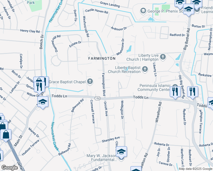map of restaurants, bars, coffee shops, grocery stores, and more near 1 Collinwood Circle in Hampton