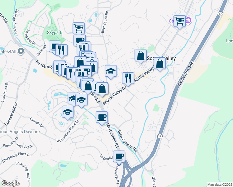 map of restaurants, bars, coffee shops, grocery stores, and more near 108 Thomas Terrace in Scotts Valley