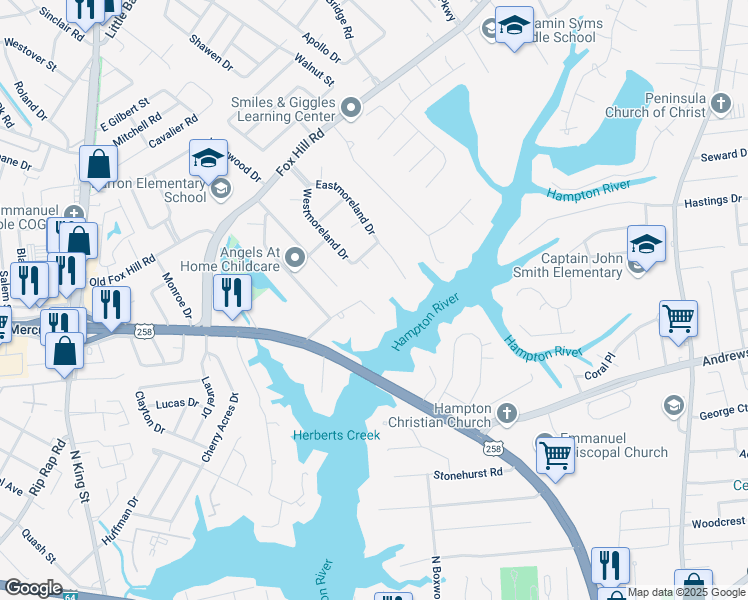 map of restaurants, bars, coffee shops, grocery stores, and more near 33 Curle Road in Hampton