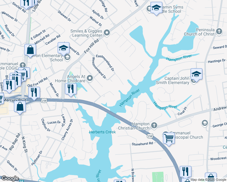 map of restaurants, bars, coffee shops, grocery stores, and more near 33 Curle Road in Hampton