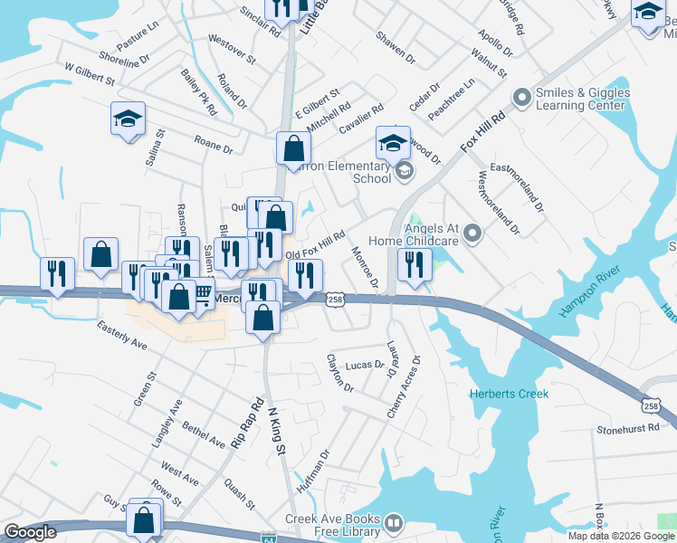 map of restaurants, bars, coffee shops, grocery stores, and more near 29 East Mercury Boulevard in Hampton