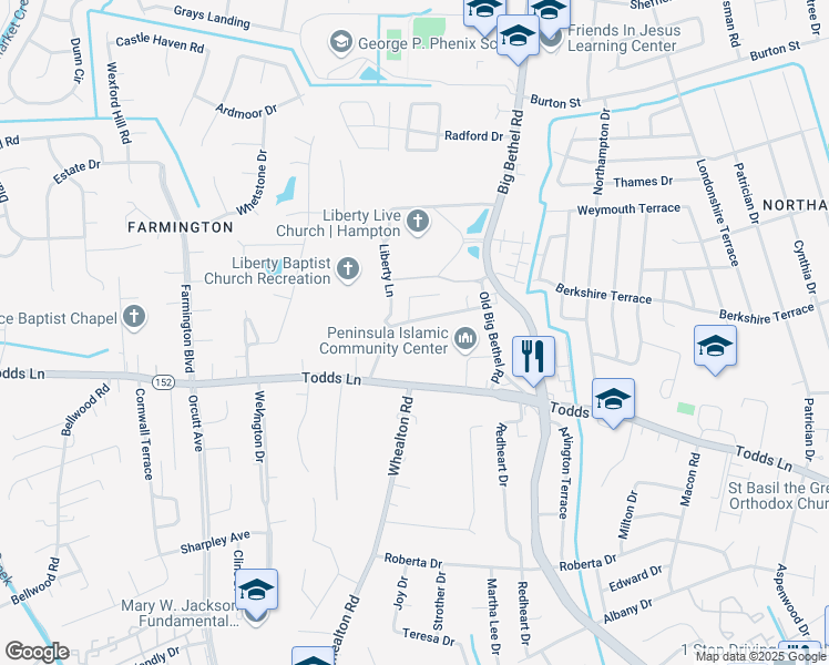 map of restaurants, bars, coffee shops, grocery stores, and more near 1028 Topping Lane in Hampton